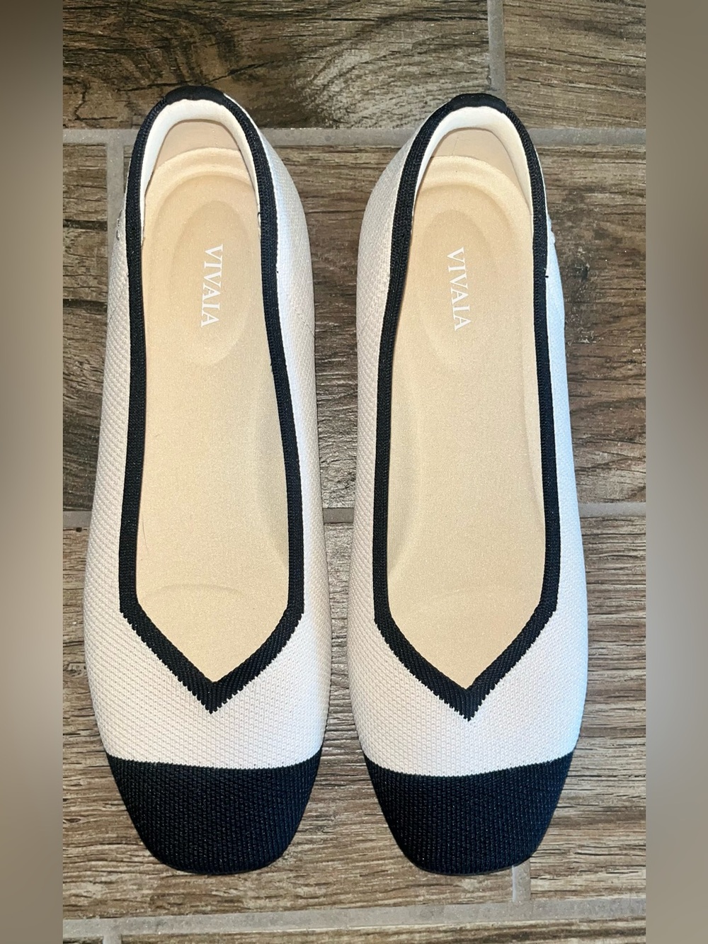 VIVAIA Margot 2.0 Square-Toe V-Cut flats in a black and white knit
